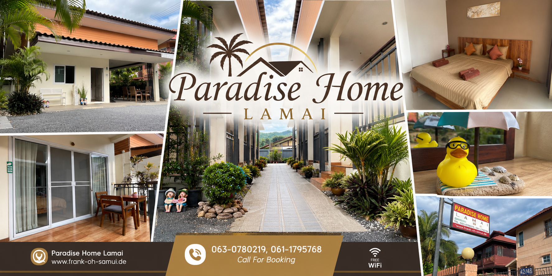 Collage mit tropischem Gästehaus, Gartenweg, Schlafzimmer, Terrasse, Enten-Spielzeug und Werbetext Paradise Home Lamai.