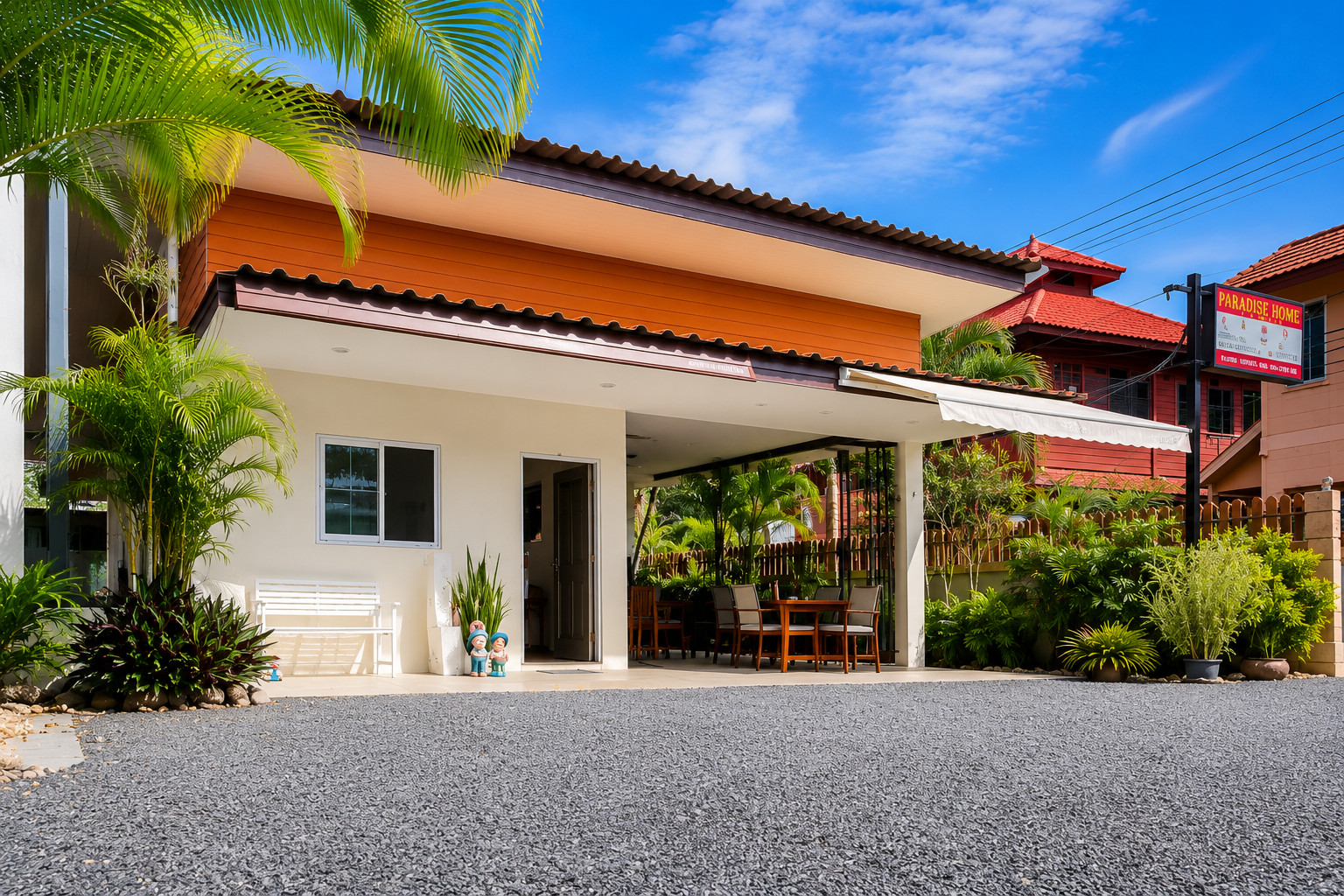 Hof mit gepflasterter Einfahrt, weißen Gebäuden mit Terrassen, Pflanzen und einem Schild „Paradise Home“.